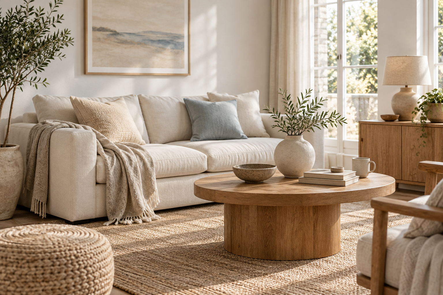 A welcoming living room with a sofa, lamp and ceramic accessories